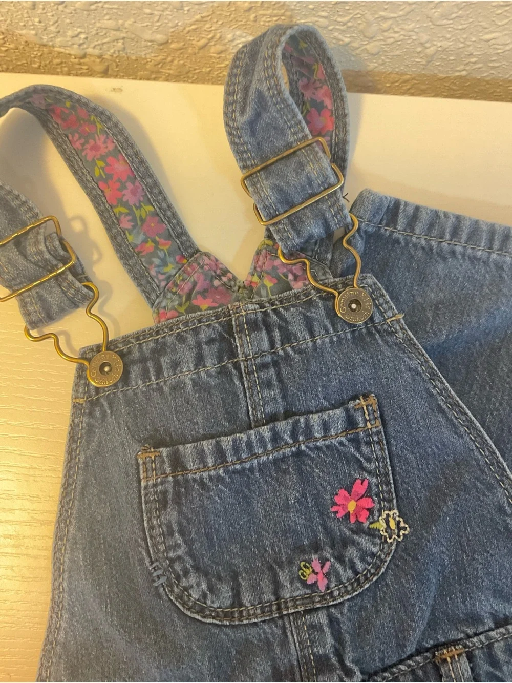 Genuine Kids Osh Kosh Denim Floral Embroidered Bib Overalls